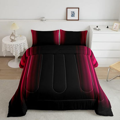Feelyou Geometric Abstract Ombre Bedding Bed Set Men Adults Teens Vibrant Red and Black Striped Comforter Set Kids Boys Girls Simple Modern Comforter Inner Fill Bedroom Collection 3Pcs Queen Size