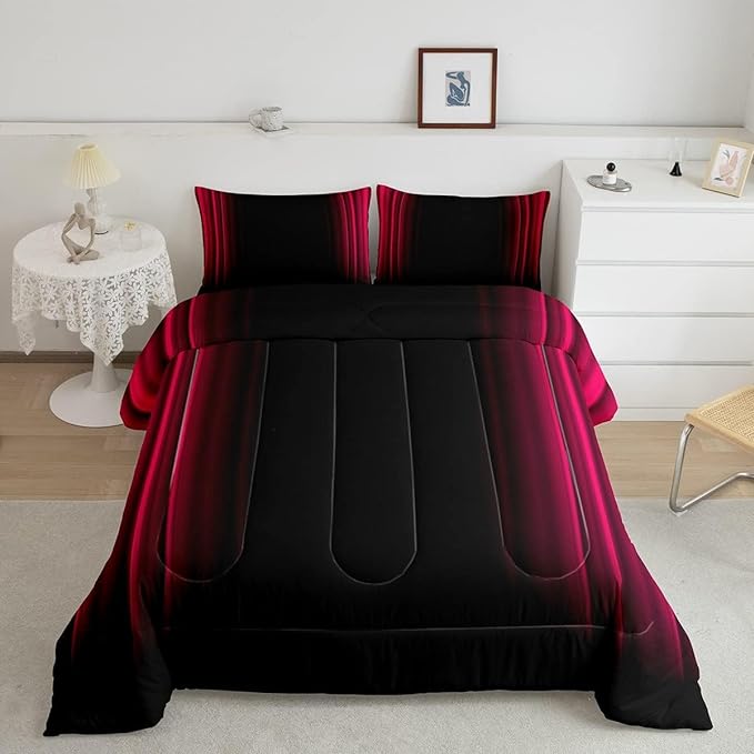 Feelyou Geometric Abstract Ombre Bedding Bed Set Men Adults Teens Vibrant Red Black Striped Comforter Set Kids Boys Girls Simple Modern Comforter Collection 3Pcs King Size Boys