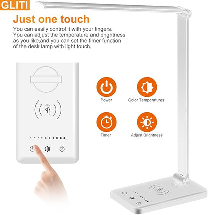 LED Desk Lamp with Wireless charging，Dimmable Desk Light, 5 Light Colors, 6 Brightness Levels, Touch Control Table Lamp with USB Rechargeable,Auto Timer, for College Dorm, Home, Office