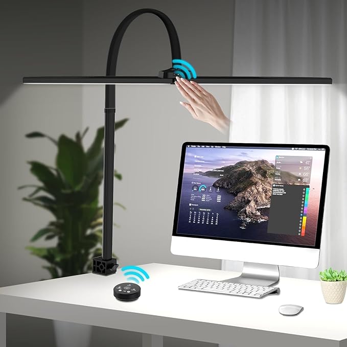 Led Desk Lamp for Home Office, Hand Sweep Sensitive Desk Light, 24w Ultra Bright Double Head Desk Lamp with Clamp & Flexible Gooseneck, Dimmable Eye Protection Reading Light for Workbench, Drawing