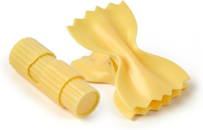 Genuine Fred SNACKARONI Pasta Bag Clips, Set of 4, Two Styles Farfalle and Rigatoni, Squeeze and Lock Bread Bag Clip, Spring-Loaded Clips, Fun Food Storage and Kitchen Accessories