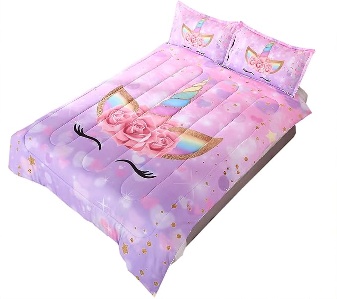 Unicorn Comforter Set 3pc Pink Flower Girl Soft Unicorn Kid's Bedding Sets