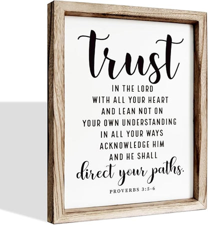 Christian Wall Signs, Rustic Home Decor, Church Room Decoration, Proverbs 3:5-6 Sign, Framed Wall Plaque Sign 15 * 11.5 inches, Trust in the Lord with All Thine Heart