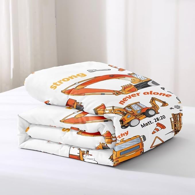 Kids Construction Vehicles Truck Comforter for Boys Full,Cartoon Car Excavator Tractor Bedding Set,Construction Christian Spirational Quotes Comforter with 2 Pillowcases White