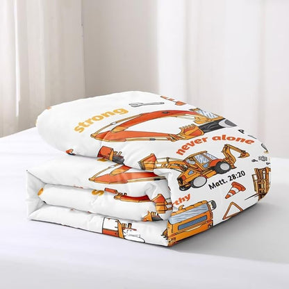Kids Construction Vehicles Truck Comforter for Boys Full,Cartoon Car Excavator Tractor Bedding Set,Construction Christian Spirational Quotes Comforter with 2 Pillowcases White