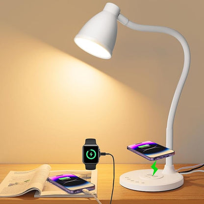 BOHON Desk Lamp for Home Office, LED Desk Light with USB C+A Charging Ports, Wireless Charger, 5 Colors Stepless Dimming Reading Light Timer, Touch Bedside Table Lamp for College Dorm Room White