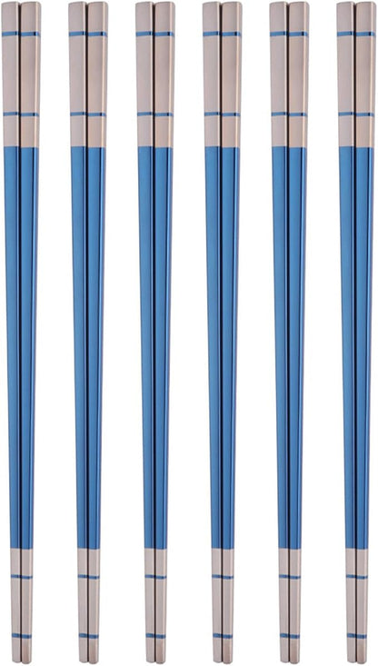 Reusable Stainless Steel Chopsticks,Dishwasher Safe , Easy to Use(6 PCS,blue)