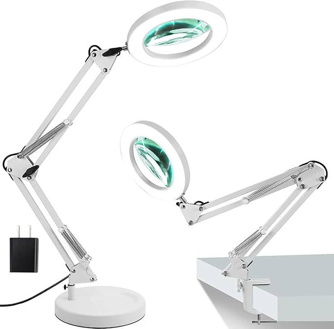 Magnifying Glass with Light and Stand, 10X Magnifying Lamp,Qsky 2-in-1 Desk Lamp with Clamp,3 Color Modes & Stepless Dimmable, LED Lighted Magnifier for Reading, Crafts, Repair, Close Work (White)