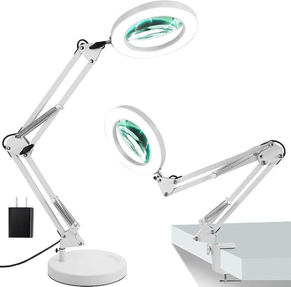 Magnifying Glass with Light and Stand, 10X Magnifying Lamp,Qsky 2-in-1 Desk Lamp with Clamp,3 Color Modes & Stepless Dimmable, LED Lighted Magnifier for Reading, Crafts, Repair, Close Work (White)