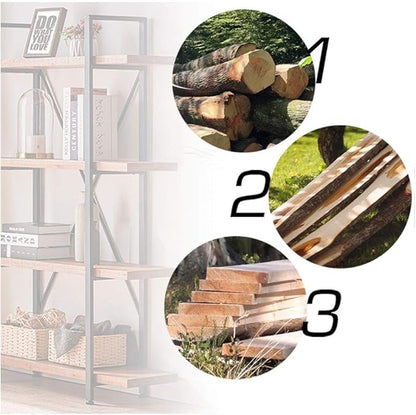 HSH 4 Tier Natural Real Wood Bookshelf, 4 Shelf Rustic Solid Wooden and Metal Bookcase, Farmhouse Open Vintage Industrial Etagere Book Shelf for Office Living Room Bedroom Storage, Distressed Brown