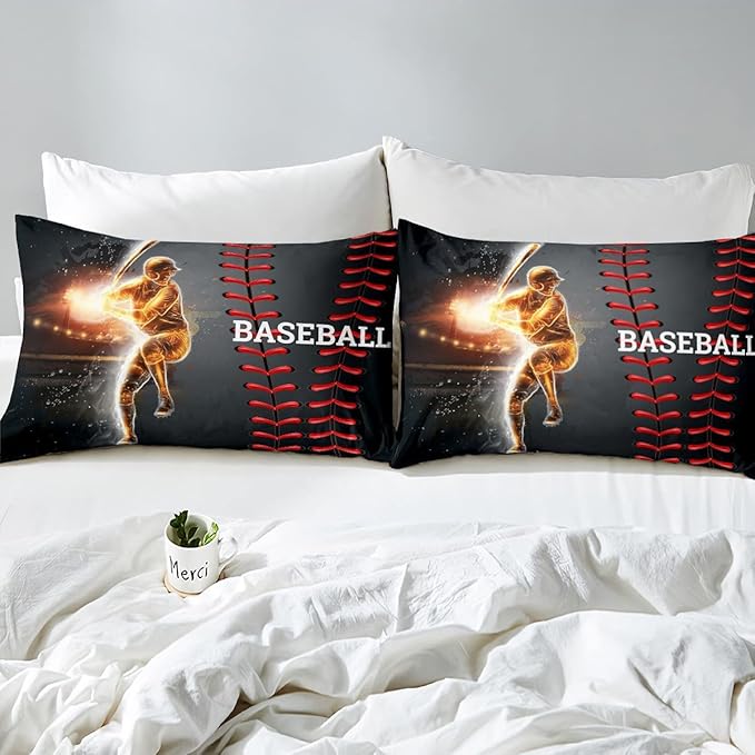 Erosebridal Baseball Bedding Set, Golden Athlete Comforter Set King Size, Sports Games Down Comforter for Kids Boys Girls Bedroom, Glitter Outer Space Duvet Insert for Living Room