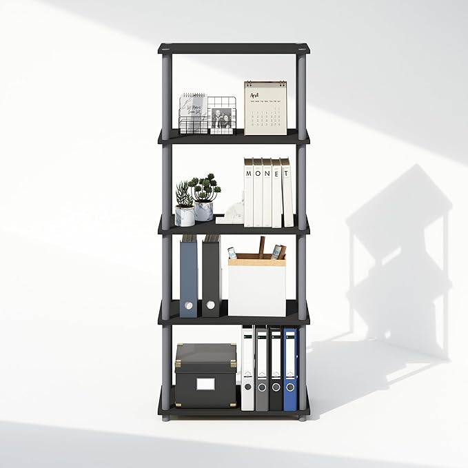 Furinno Turn-N-Tube 5-Tier Multipurpose Compact Display Rack, Shelving Unit, Bookcase, Black/Grey