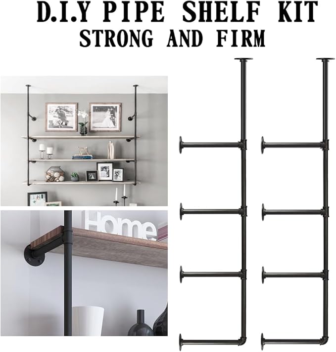 HITOMEN Industrial Iron Pipe Shelves, 2 Set 4-Tier, 56" Tall, 12" Depth, DIY Open Bookshelf Bookcase, Wall Mounted Vintage Retro Shelving, Rustic Farmhouse Pantry Kitchen Storage, Black Shelf Brackets