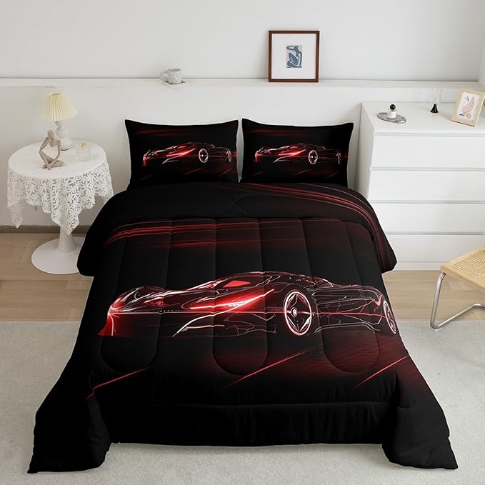 Feelyou Red Race Car Bedding Set Twin Size for Kids Boys Extreme Sport Games Comforter Set Teens Toddler Fast and Furious Duvet Set Cool Modern Quilt Set 2Pcs