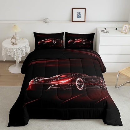 Feelyou Red Race Car Bedding Set Full Size for Kids Boys Extreme Sport Games Comforter Set Teens Toddler Fast and Furious Duvet Set Cool Modern Quilt Set 3Pcs
