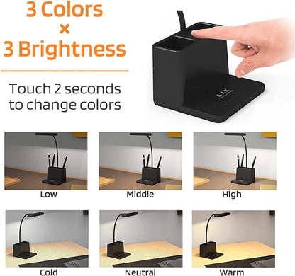 AXX LED Desk Lamp for Home Office, Battery Operated Desk Light for Computer/Desktop - Black, Small, Cute, 3 Way, Rechargeable, Flexible Gooseneck, Pen Holder - Study Table Lamp for Bedroom Reading