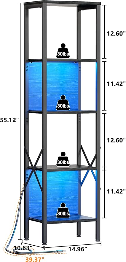 Furologee 5 Tier Book Shelf with LED Light, Tall Display Bookcase with Back, Narrow Industrial Standing Shelving Units, Metal and Wooden Storage Rack for Bedroom, Living Room, Office, Black Oak