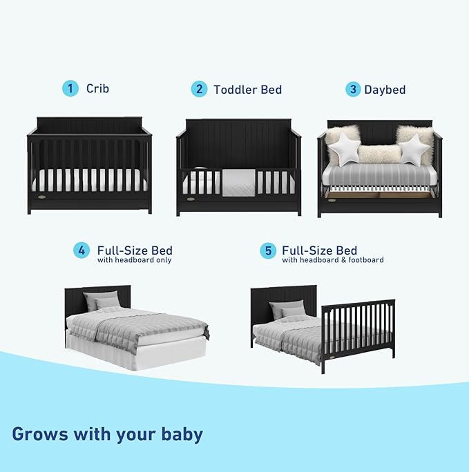 Graco Hadley 5-in-1 Convertible Crib with Drawer (Black) – Combo, Includes Full-Size Nursery Storage, Converts from Baby Crib to Toddler Bed, Daybed