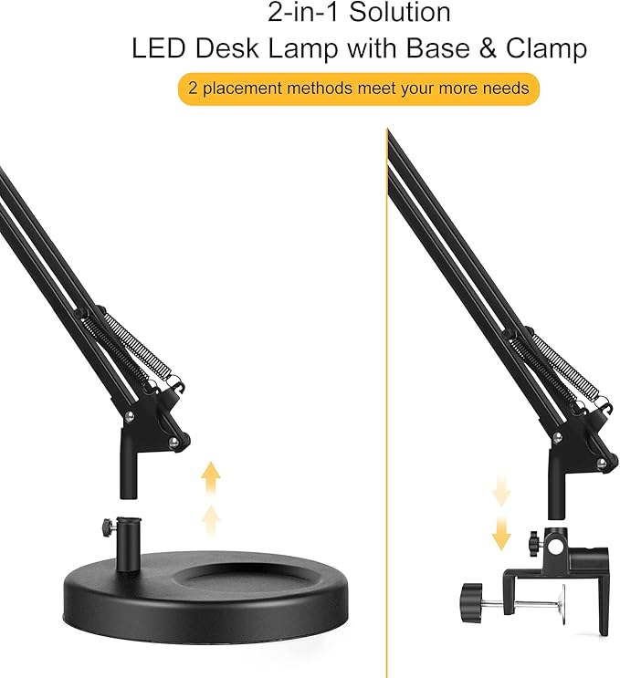 Desk Lamps for Home Office, 2-in-1 LED Desk Lamp, 3-Section Long Arm Desk Light with Clamp and Base, Adjustable Table Lamp with 3 Colors Modes, 10 Dimmer Levels and Memory Function
