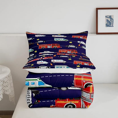 Fire Truck Bedding Bed Set Police Car Comforter Set for Kids Boys Girls Teens Decor Engine Ambulance Cute Comforter Emergency Vehicle Blue Soft Quilt Room 3Pcs Full Size Boys