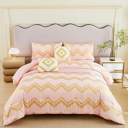 7PCS Gold and Pink Comforter Set,Pink Comforter Queen,Metallic Blush and Rose Gold Pink Bedding Set Queen,Bed in A Bag Queen for Teen Girls Women,Bedroom Decoration Queen Pink/Rose Gold