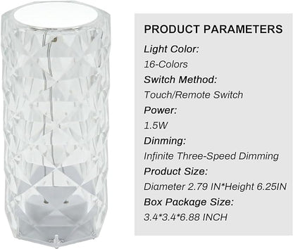 Rose Touch Lamp RGB Night Light, USB Rechargeable Touch Remote Control Crystal Light for Bedroom Living Room Home Decor Colorful Decorative Lights