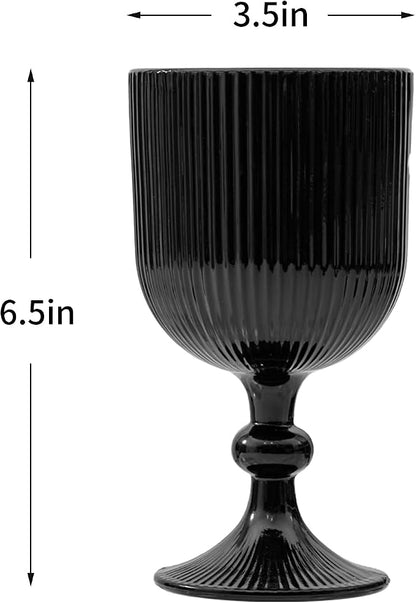 Black Vintage Wine Glasses Set of 6, 11 Ounces Colored Glass Water Goblets, Unique Embossed Pattern High Clear Stemmed Glassware Wedding Party Bar Glass Drinking Cups Fancy Glasses Hand Wash Only