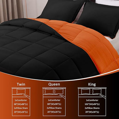 Basic Beyond Queen Comforter Set - Fluffy Comforter Queen Set for All Seasons - Reversible Orange Comforter Set Queen for Mens - 3 Pieces (1 Comforter + 2 Pillow Shams) - Orange/Black