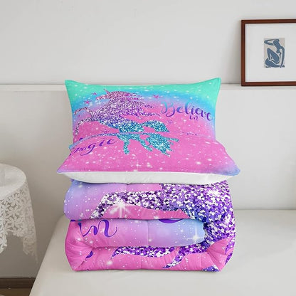 Unicorn Duvet Insert Queen Size,Glitter Starry Sky Comforter Set,Pink Blue Gradient Bedding Set,Sparkel Sequins Animal Down Comforter For Girls Teens Women Youth,3Pcs Magical Unicorn Quilt Comforter