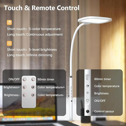 LED Desk Lamps for Home Office, Clamp Desk Light for Video Conference, Dimmable, Rotatable, Top Bright, Large Lighting Area, Remote & Touch, Clip Table Lamp for Computer Monitor, Study, Work