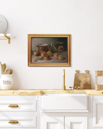 HUARCEY Gold Framed Vintage Wall Art for Living Room, Harvest Apples Still Life Oil Painting Artwork Shelf Decor Abstract Wall Pictures Prints, Farmhouse Fruit Room Decor Bedroom Kitchen Bathroom