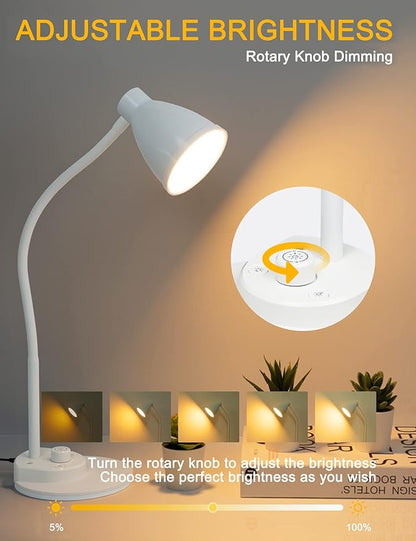 BOHON LED Desk Lamp with USB Charging Port, 3 Color Modes Dimmable Reading Lamp, Auto Dimming Task Lamp, Flexible Gooseneck Table Light for Dorm Bedside, Adapter Include, White