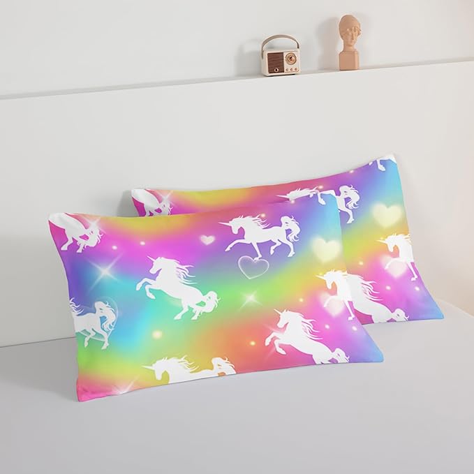 HOSIMA Unicorn Bedding 3pcs Rainbow Comforter Set with 2 Pillowcases,Sparkle Stars Full Size Bed in a Bag Set for Adults Teen Girls,Cute Rainbow Unicorn Comforter Princess Toddler Bedding Set.