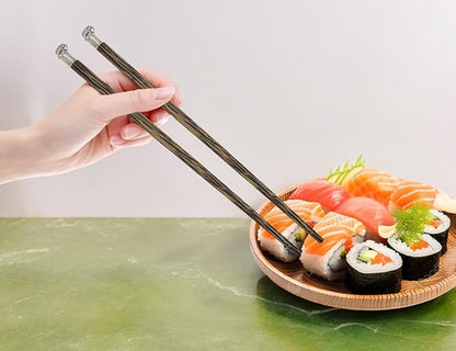 Wooden Chopsticks 9⅞" Long Coconut Palm Wood Chopstick Metal Elephant Top Eating Utensils Oriental Cutlery Asian Tableware Decorative Dinnerware to Serve Chinese Japanese Korean Food