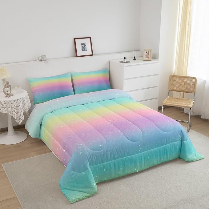 Rainbow Comforter Set Tie Dye Pastel Twin Beddings for Girls Galaxy Glitter Bedding Comforter Sets for Boys Kids Women Bedroom Decor, Girly Gradient Star Sky Ombre Duvet Insert, Pink Blue Yellow