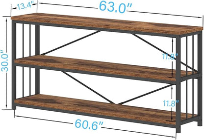 IBF Low Rustic 3 Tier Bookshelf, Industrial Horizontal Wood Bookcase, Farmhouse Long Wide Open Metal Etagere, Modern Large Vintage Book Shelf for Home Office Bedroom Living Room, Rustic Brown, 63 Inch