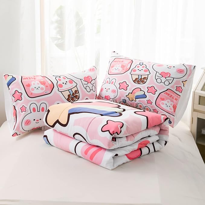 CVHOUSE Kawaii Bedding Full Size,Kawaii Rabbit Bedding Set for Girls Kids,Cute Rabbit Comforter Set Kawaii Rabbit Duvet Set Rabbit Pattren Quilt Set Girls Room Decor 3 Pieces