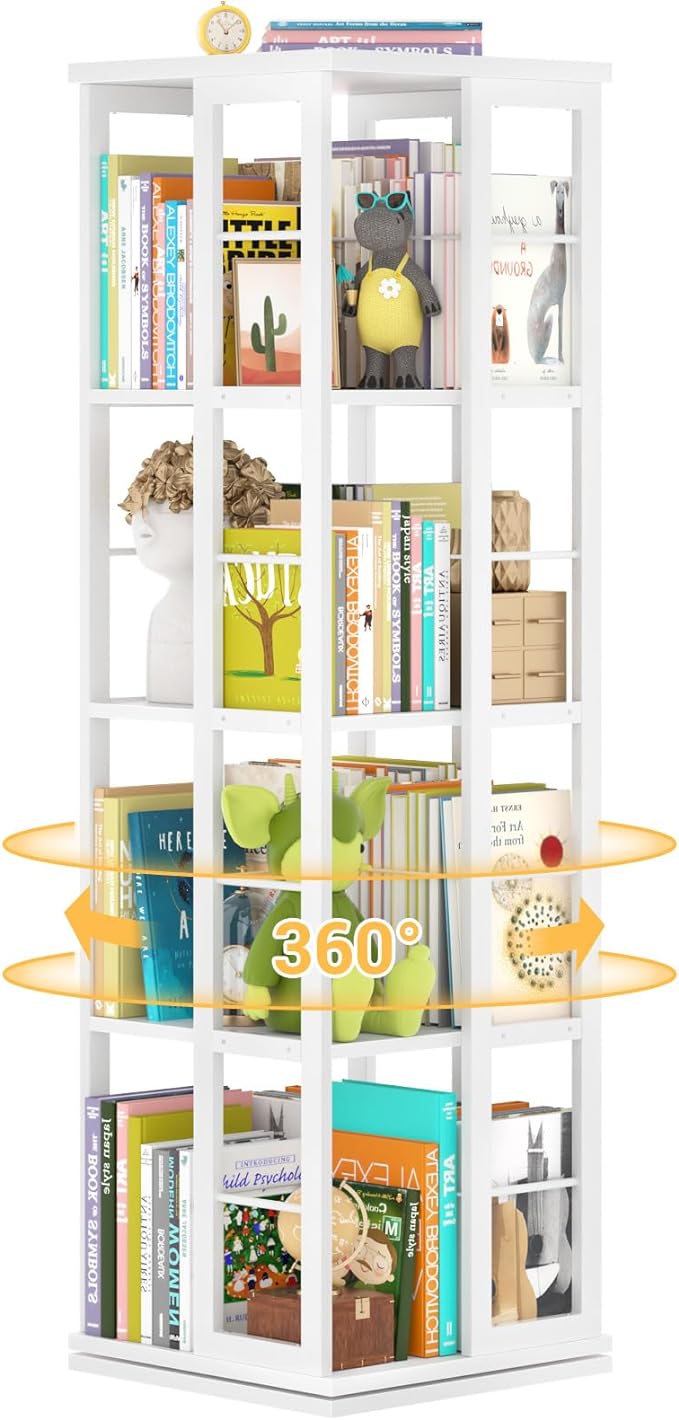 Aheaplus Rotating Bookshelf, Corner Bookshelf, 360 Display Wood Spinning Bookshelf, Floor Standing Bookcase Narrow Shelf Revolving Organizer Storage Rack for Small Space, Bedroom, Study Room, White
