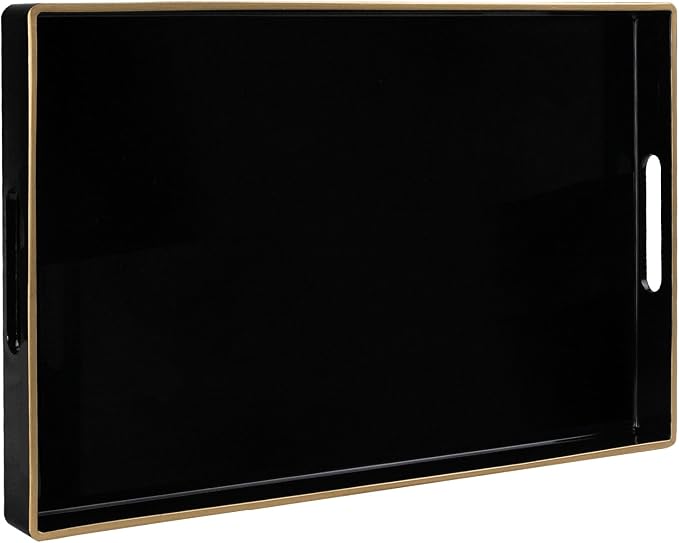 MAONAME Black Decorative Tray for Coffee Table, Serving Tray with Handles | Plastic Melamine Tray, Modern Ottoman Tray, Rectangular Countertop Organizer Tray for Living Room, 15.8"L x 10.2"W x 1.4"H