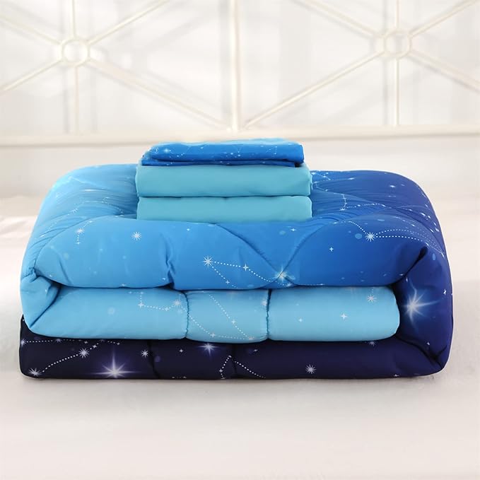 Wowelife Glitter Bedding Set Full Size 5 Pieces Galaxy Comforter Set Blue 3D Galaxy Kids Comforter Sets Lightweight with Comforter, Flat Sheet, Fitted Sheet and 2 Pillowcases
