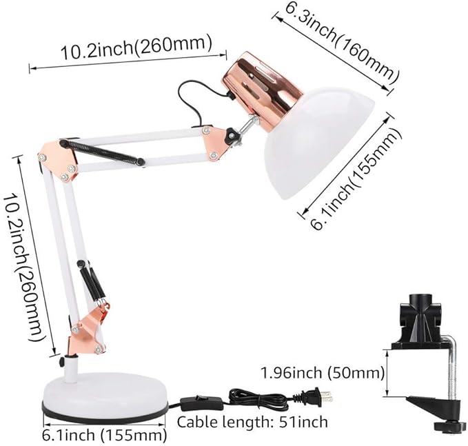 Metal Swing Arm Desk Lamps, Adjustable and Flexible,Feading with Base and Clip 2-in-1 Function, Fit E26&E27 Bulbs Base, Application in Bedroom Living Room, Office Home (White+Rose Gold)