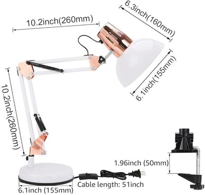 Metal Swing Arm Desk Lamps, Adjustable and Flexible,Feading with Base and Clip 2-in-1 Function, Fit E26&E27 Bulbs Base, Application in Bedroom Living Room, Office Home (White+Rose Gold)