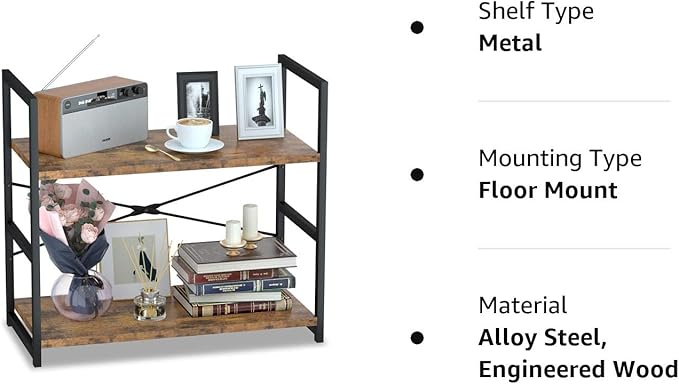 NUMENN 2 Tier Bookshelf, Tall Bookcase Shelf Storage Organizer, Modern Book Shelf for Bedroom, Living Room and Home Office, Vintage