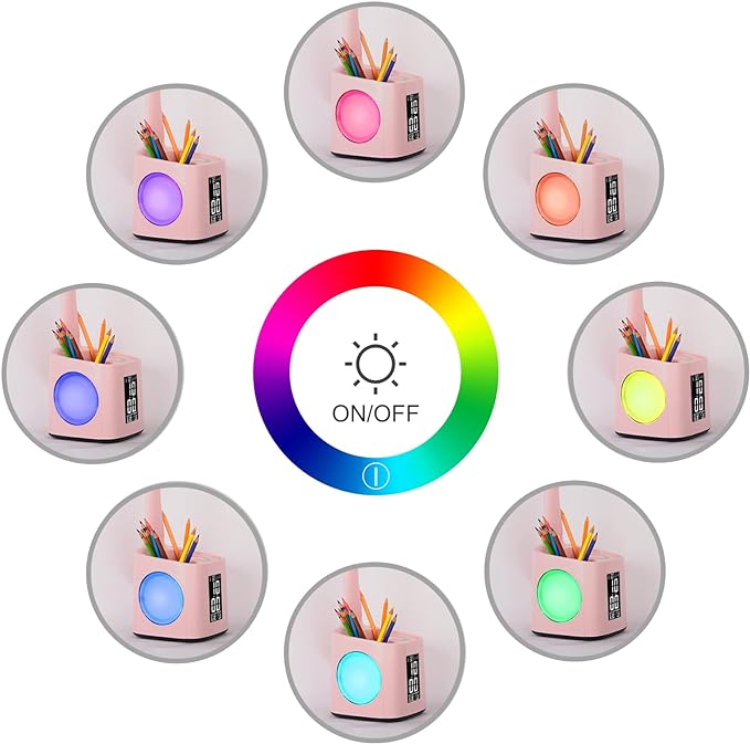 wanjiaone LED Desk Lamp with Clock,Color Changing Nightlight,Study Lamp with Pen Holder,Desk Light with USB Charger,Table Light for Home,Office,Bedroom,Gift for Kids,Students,Women,Pink