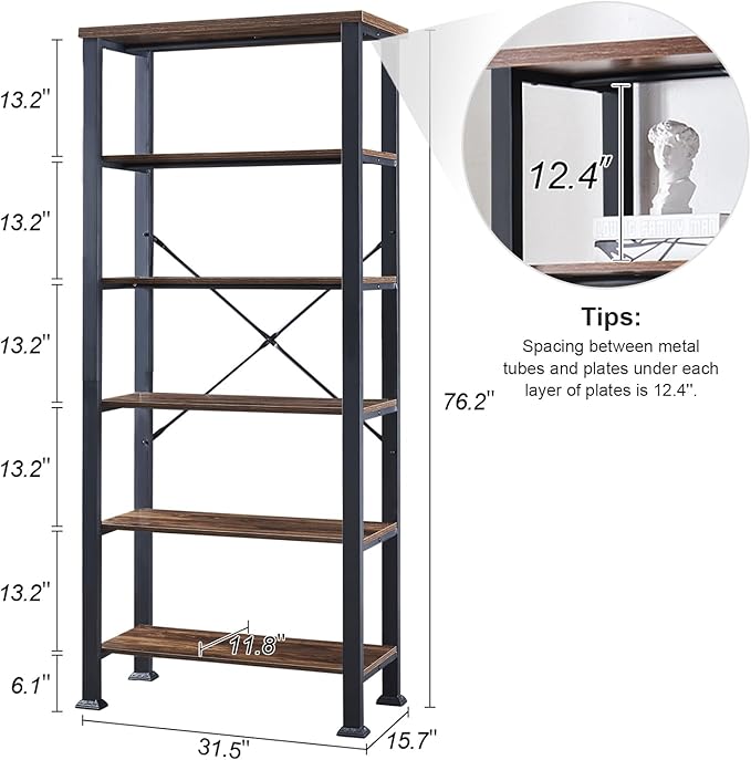HOMBAZAAR Bookshelf, 6-Tier Vintage Industrial Book Shelf, Rustic Wood and Metal Bookcase and Bookshelves, Free Standing Storage Large Bookshelf for Living Room, Bedroom and Kitchen, Brown