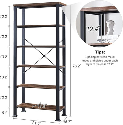 HOMBAZAAR Bookshelf, 6-Tier Vintage Industrial Book Shelf, Rustic Wood and Metal Bookcase and Bookshelves, Free Standing Storage Large Bookshelf for Living Room, Bedroom and Kitchen, Brown
