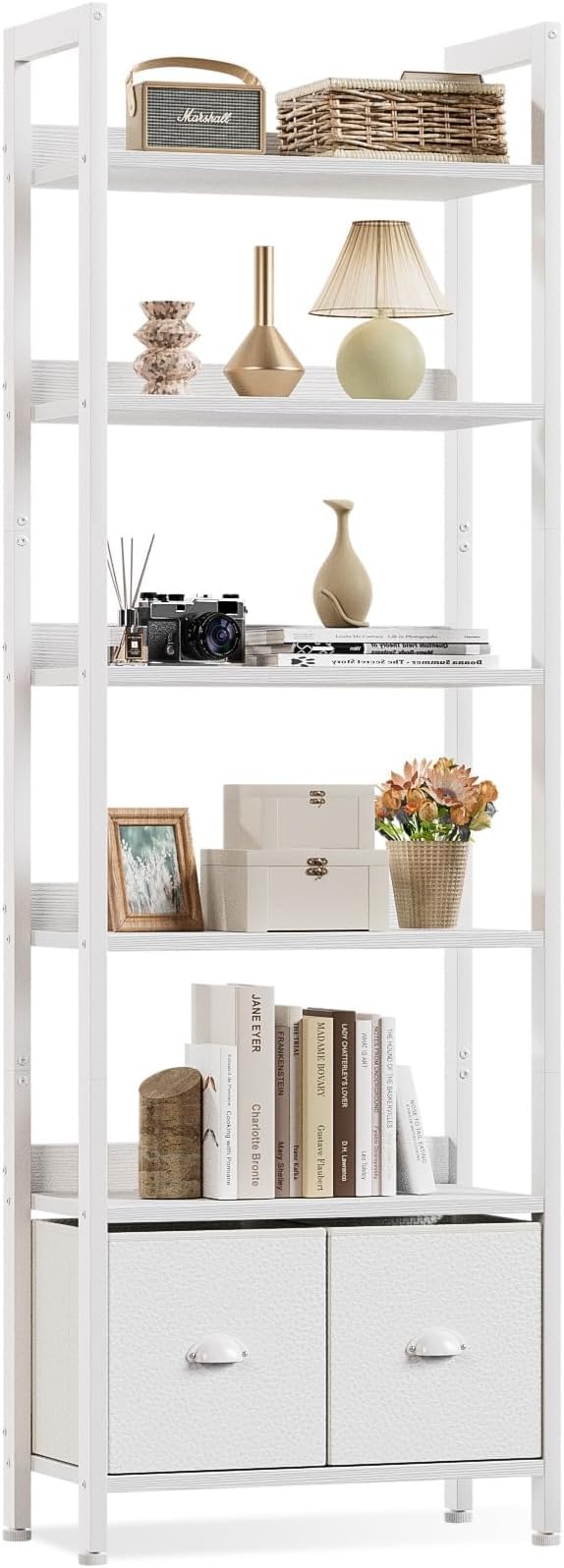 Furologee White 6 Tier Bookshelf with Drawers, Tall 71" Bookcase with Shelves, Modern Wood and Metal Book Shelf Storage Organizer, Display Free Standing Shelf Unit for Bedroom, Living Room, Office