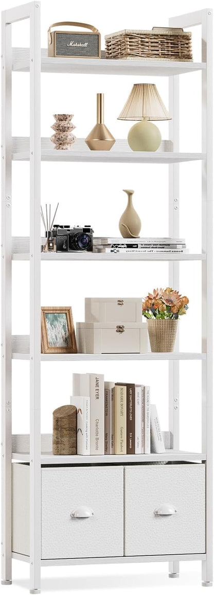 Furologee White 6 Tier Bookshelf with Drawers, Tall 71" Bookcase with Shelves, Modern Wood and Metal Book Shelf Storage Organizer, Display Free Standing Shelf Unit for Bedroom, Living Room, Office