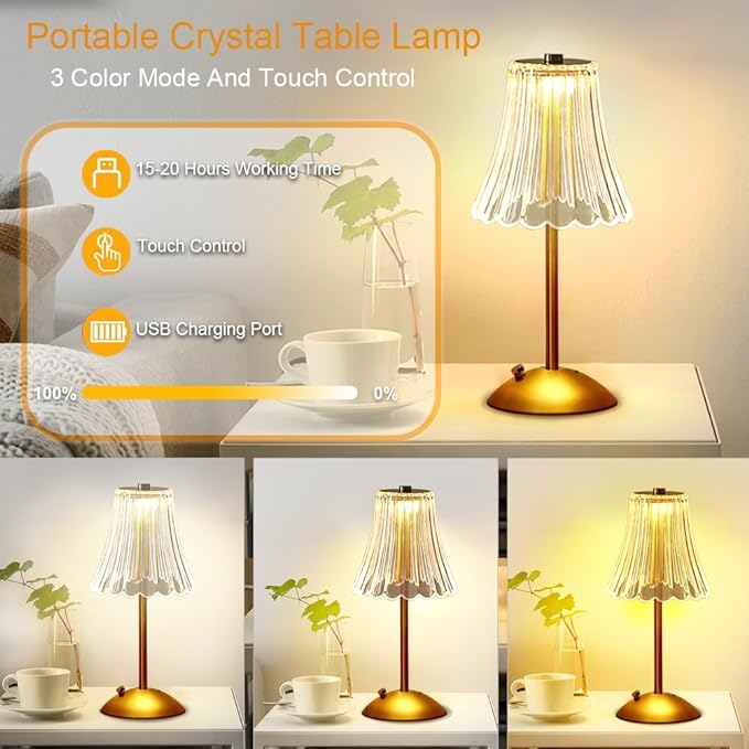 Portable Crystal Table Lamp,Cordless Metal Vintage Desk Lamp,3 Color Touch Control Rechargeable Lamp,3-Levels Brightness Room Decor Desk Lamp,Living Room,Kitchen,Dining Room Lamp (Gold-3)