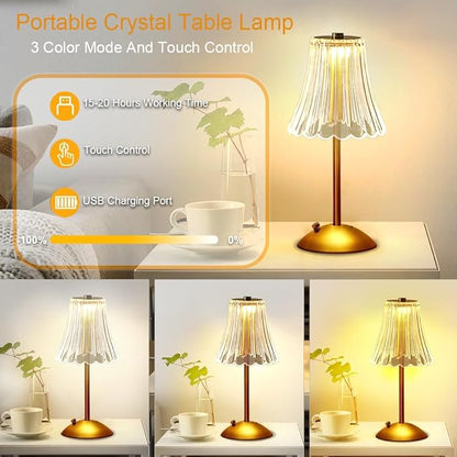 Portable Crystal Table Lamp,Cordless Metal Vintage Desk Lamp,3 Color Touch Control Rechargeable Lamp,3-Levels Brightness Room Decor Desk Lamp,Living Room,Kitchen,Dining Room Lamp (Gold-3)